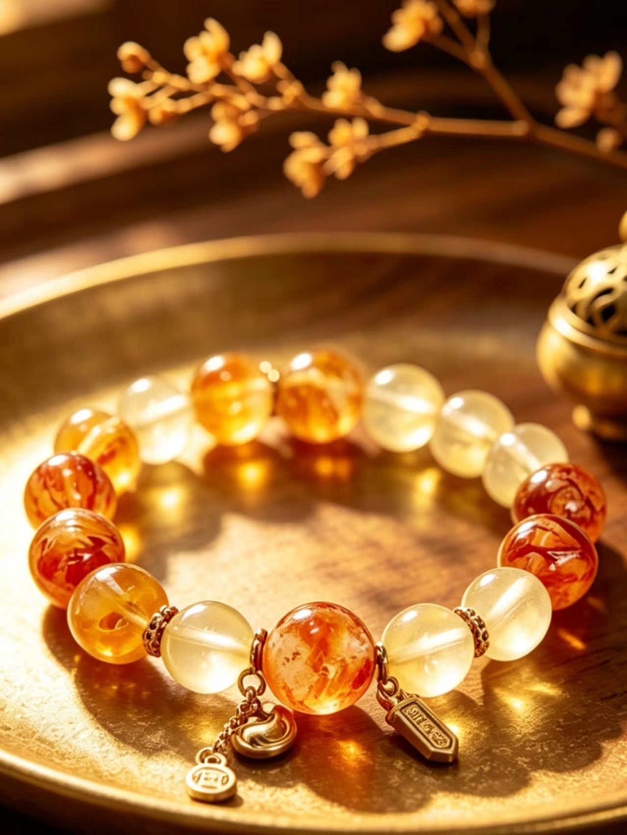 Citrine & Red Hematoid Quartz Five Elements Bracelet  Golden Fortune