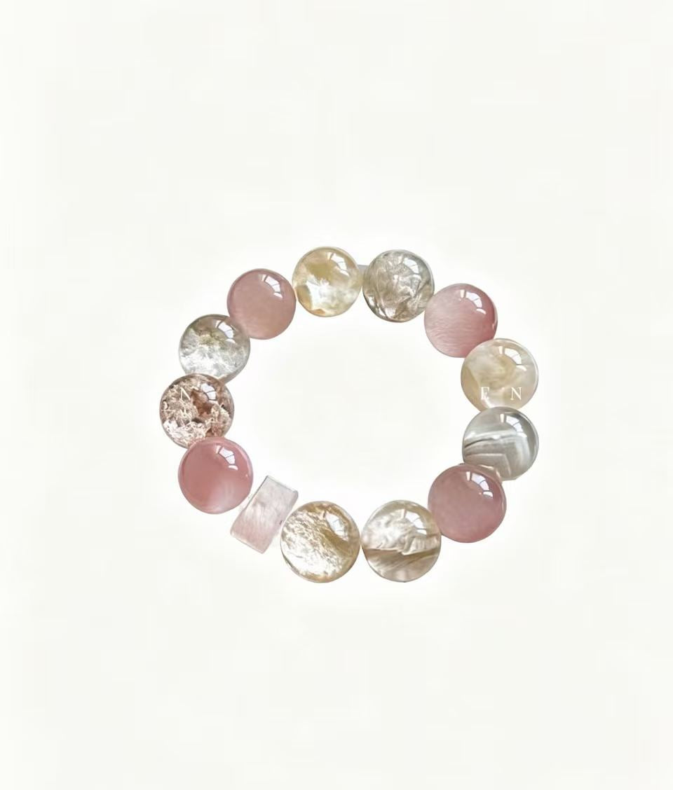 Rose Quartz & Rutilated Phantom Quartz Five Elements Bracelet Moonlit Pink