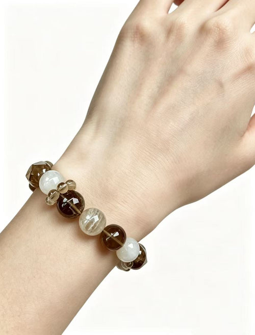 Black Rutilated Quartz & Smoky Quartz Five Elements Bracelet Mocha Mist