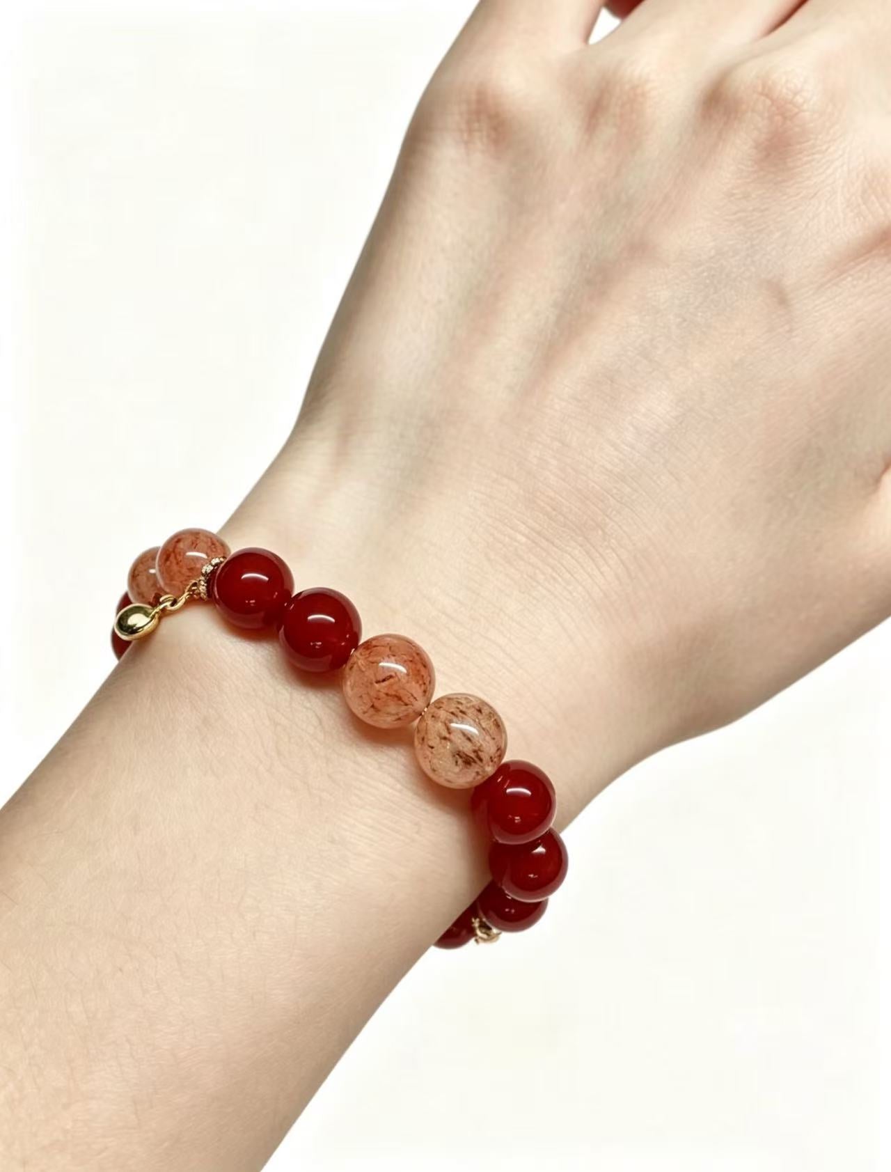 ed Agate & Red Rabbit Hair Quartz Five Elements Bracelet  Scarlet Fortune