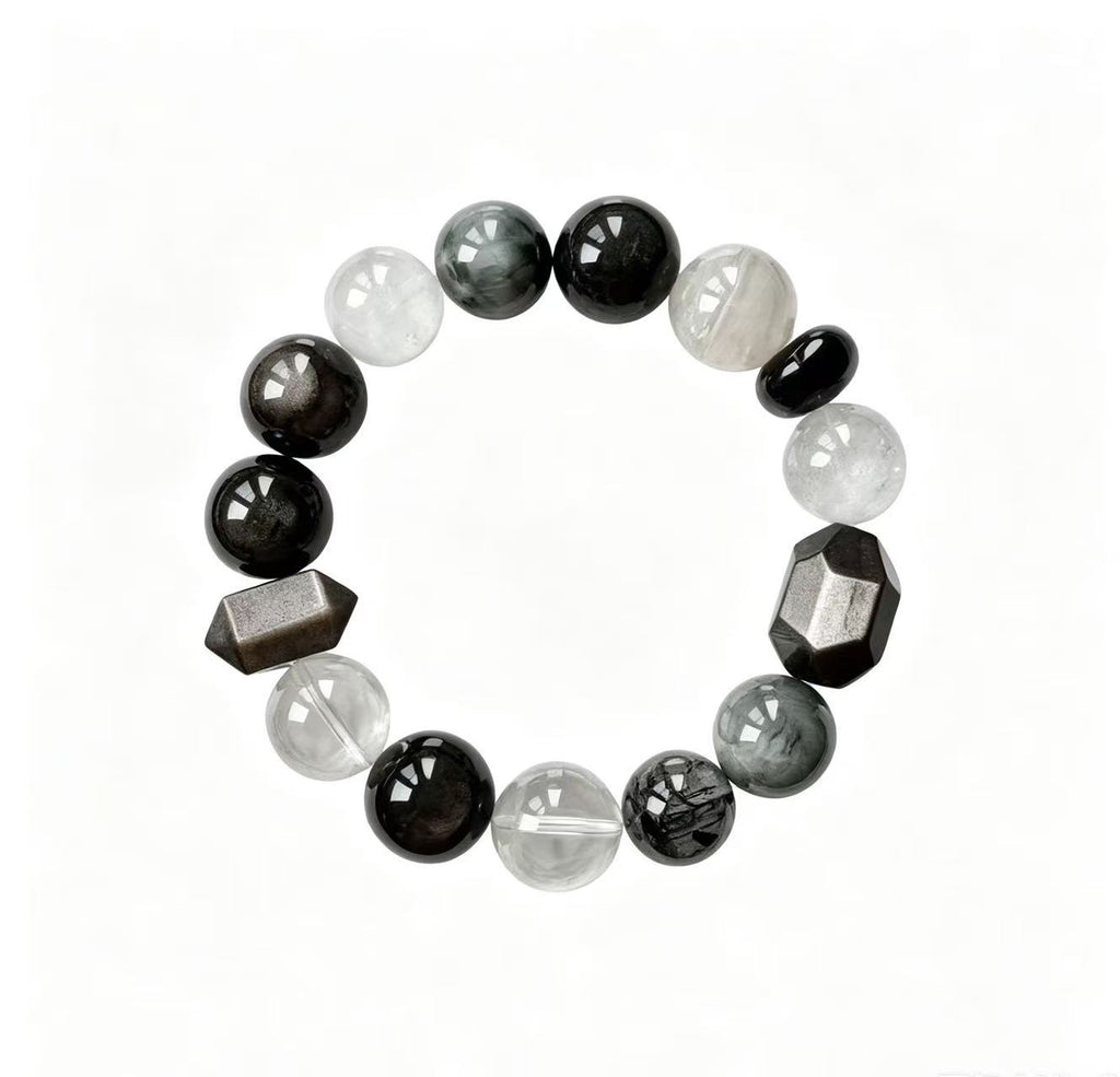 Black Obsidian & Grey Phantom Quartz Five Elements Bracelet Black Frost
