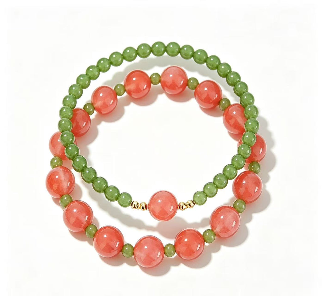 Double Layer Red Agate & Green Jade Bracelet Chinese Style Lucky Prosperity Natural Gemstone Beaded Bracelet For Women