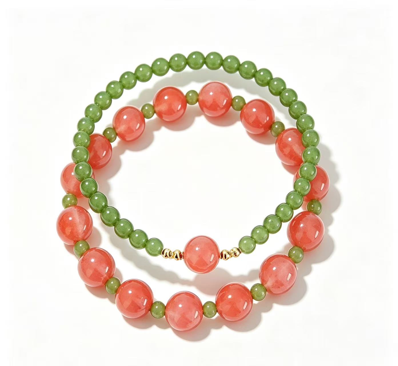 Double Layer Red Agate & Green Jade Bracelet Chinese Style Lucky Prosperity Natural Gemstone Beaded Bracelet For Women