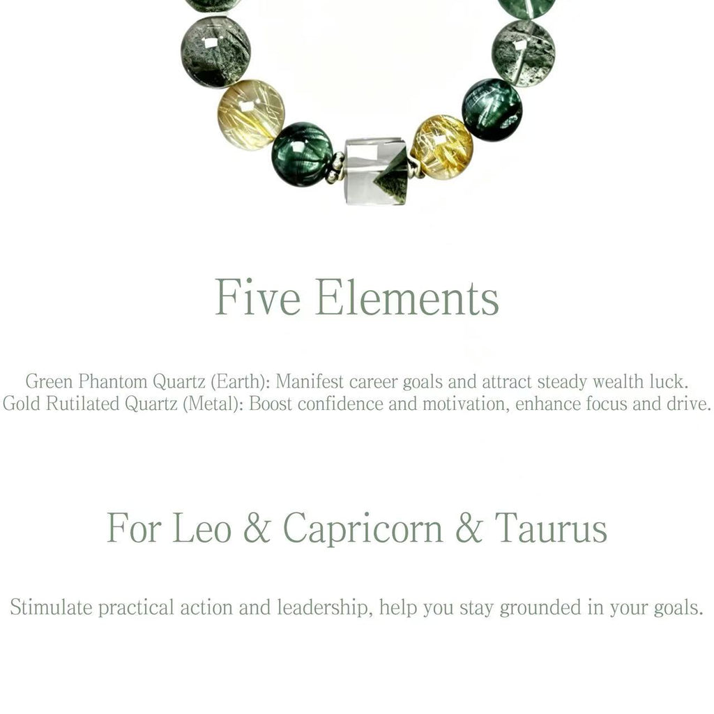 Green Phantom Quartz & Gold Rutilated Quartz Five Elements Bracelet Forest Treasure
