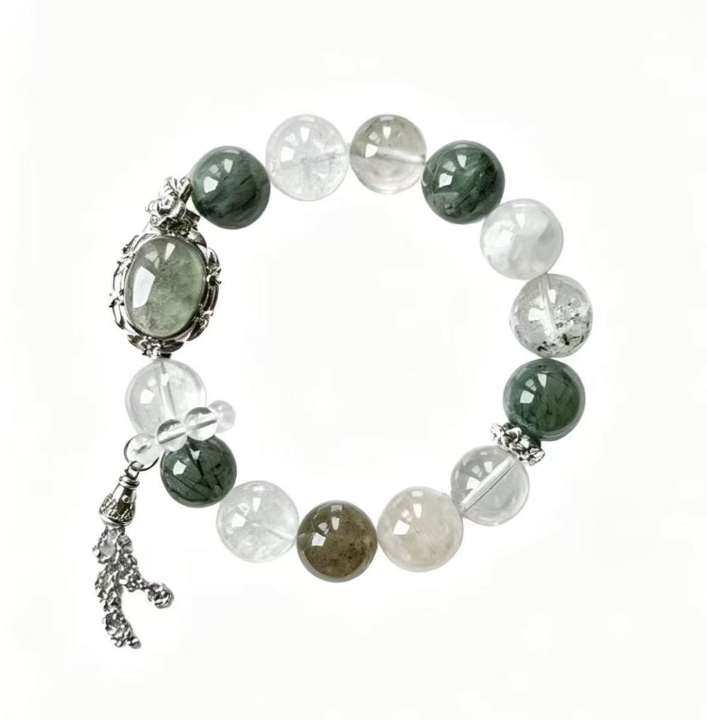 Green Phantom & Green Rutilated Quartz Five Elements Bracelet Silver Moss