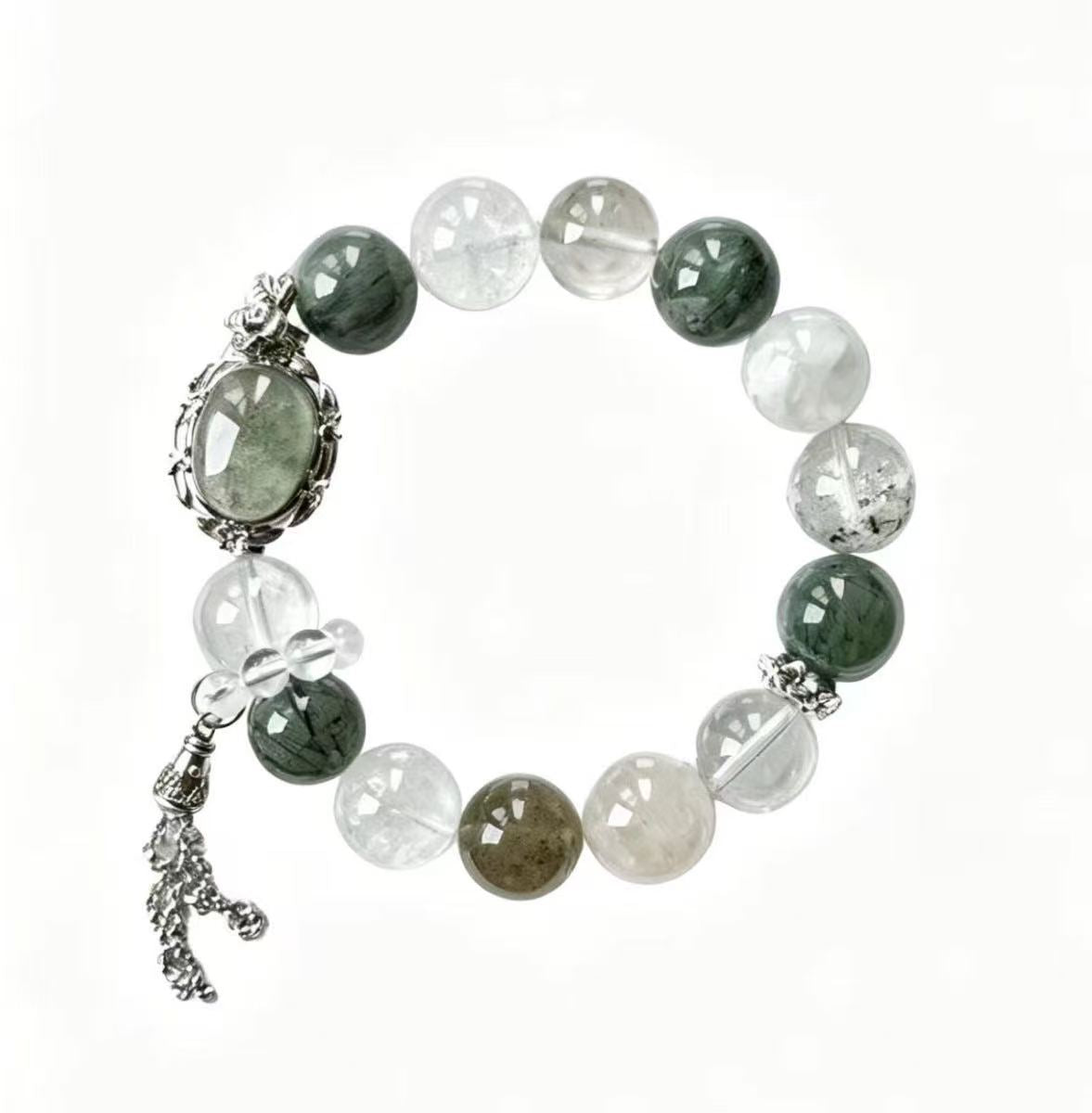 Green Phantom & Green Rutilated Quartz Five Elements Bracelet Silver Moss