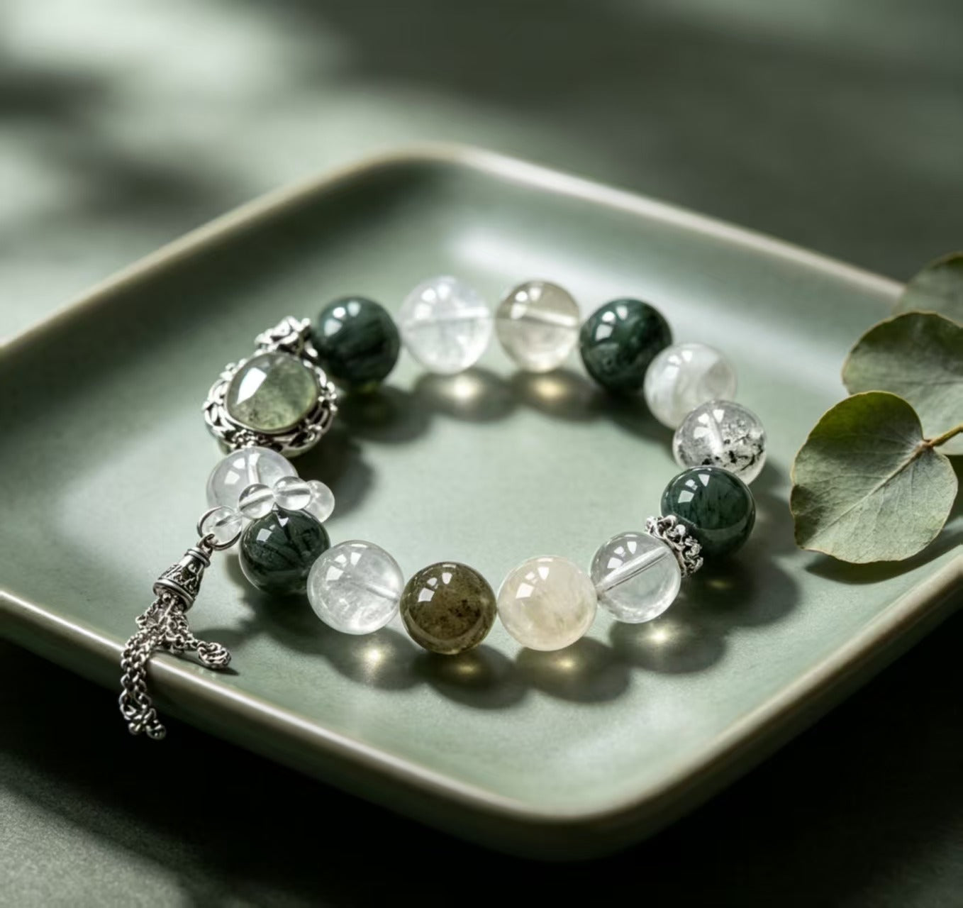 Green Phantom & Green Rutilated Quartz Five Elements Bracelet Silver Moss