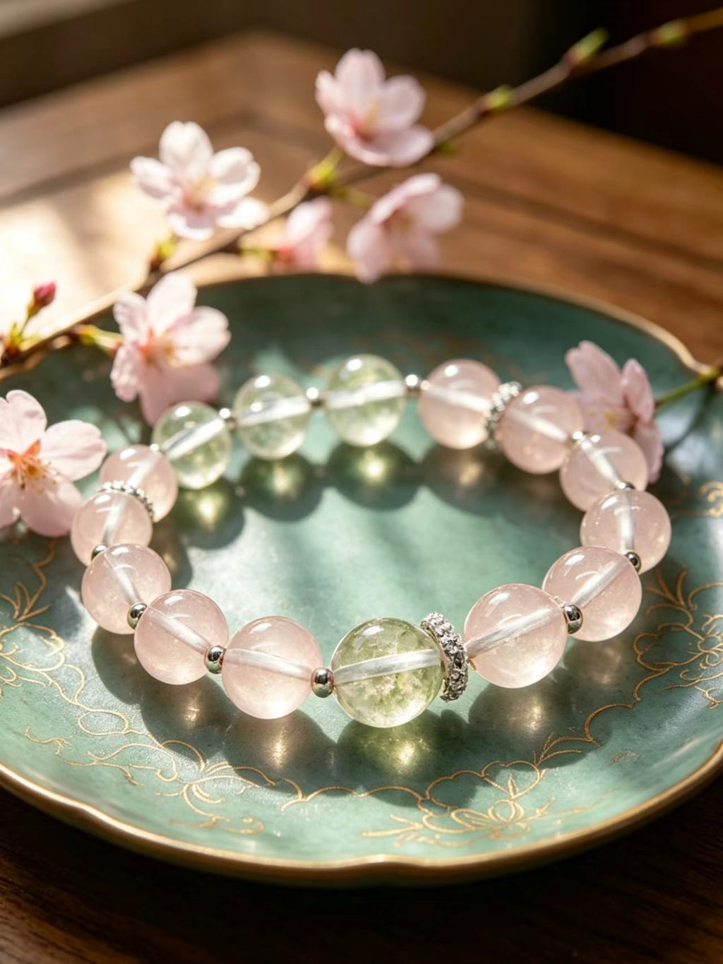 Rose Quartz & White Phantom Quartz Five Elements Bracelet  LuvGourd