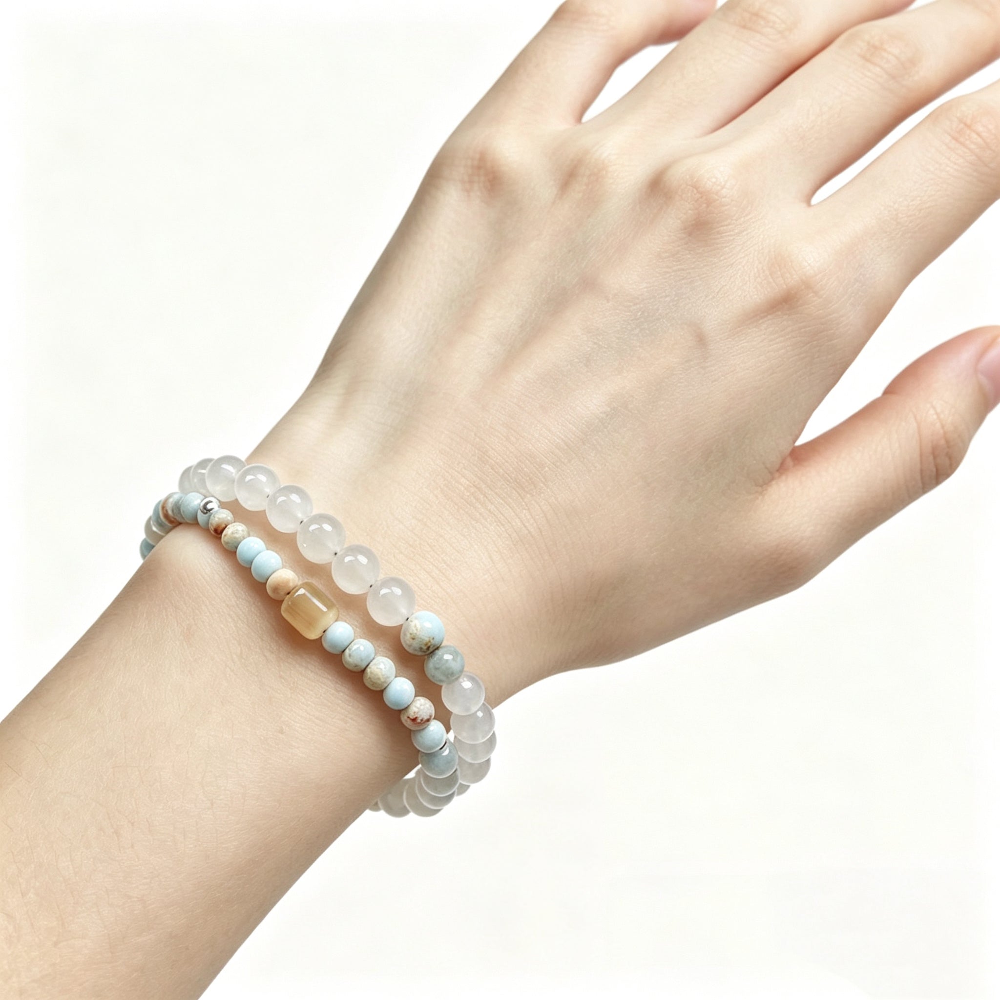 Delicate Chinese Style Crystal Beaded Bracelet Natural White Moonstone Aquamarine Shoushan Stone Healing BraceletMinimalist Layered Gemstone Bracelet for Women