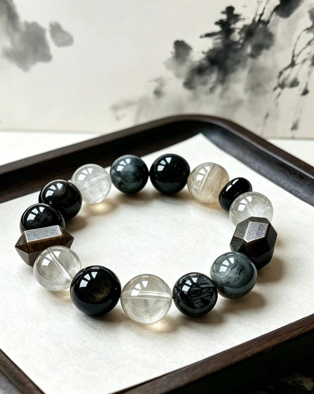 Black Obsidian & Grey Phantom Quartz Five Elements Bracelet Black Frost