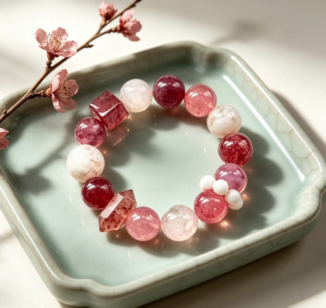 Strawberry Quartz & Rose Quartz Five Elements Bracelet Strawberry Glow