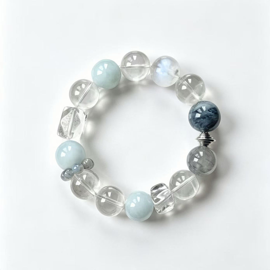 Minimalist Grey Blue Mixed Natural Crystal Bracelet Clear Quartz Aquamarine Moss Agate Moonstone Healing Energy Unisex Beaded Bracelet