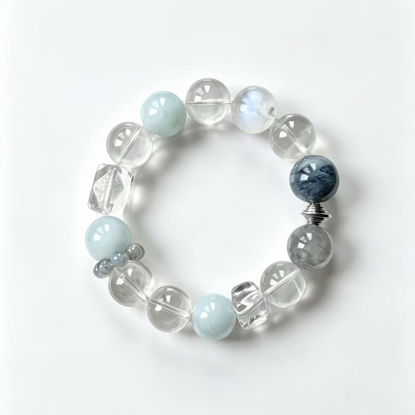 Minimalist Grey Blue Mixed Natural Crystal Bracelet Clear Quartz Aquamarine Moss Agate Moonstone Healing Energy Unisex Beaded Bracelet