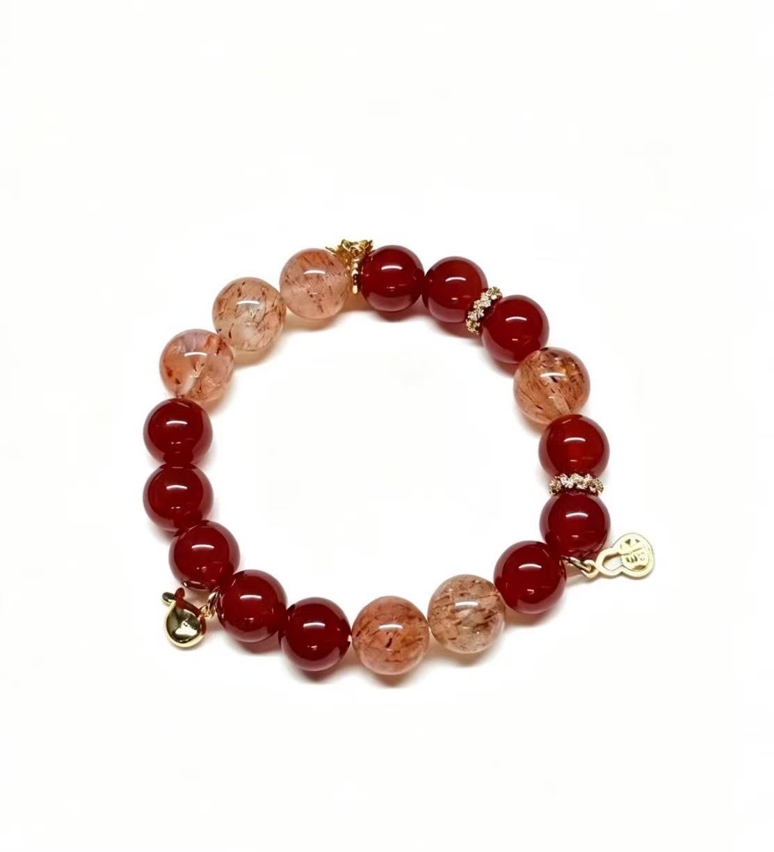 ed Agate & Red Rabbit Hair Quartz Five Elements Bracelet  Scarlet Fortune