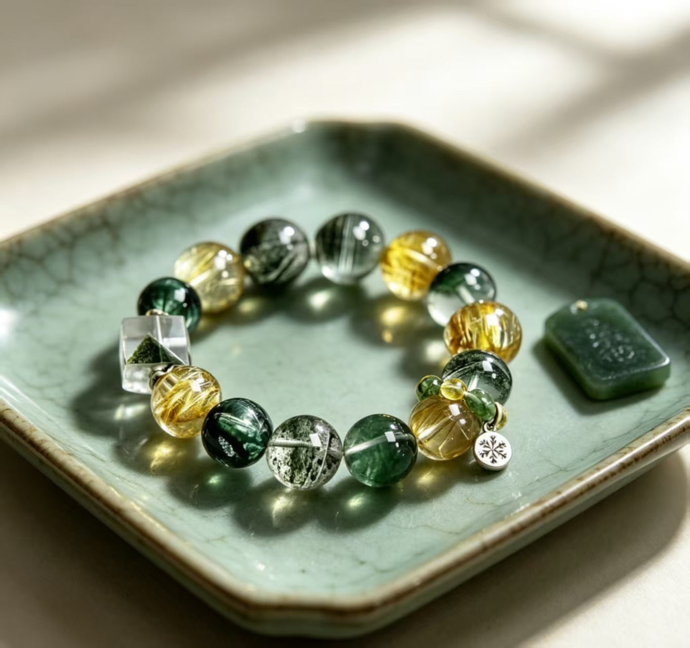 Green Phantom Quartz & Gold Rutilated Quartz Five Elements Bracelet Forest Treasure