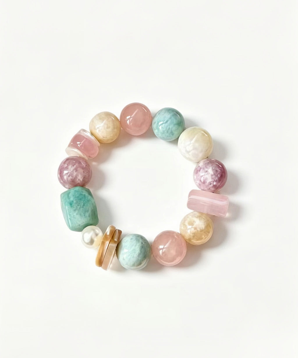 Pastel Mixed Natural Crystal Bracelet Rose Quartz Amazonite Lepidolite Pearl Beaded Healing Energy Bracelet For Women Pastel Breeze