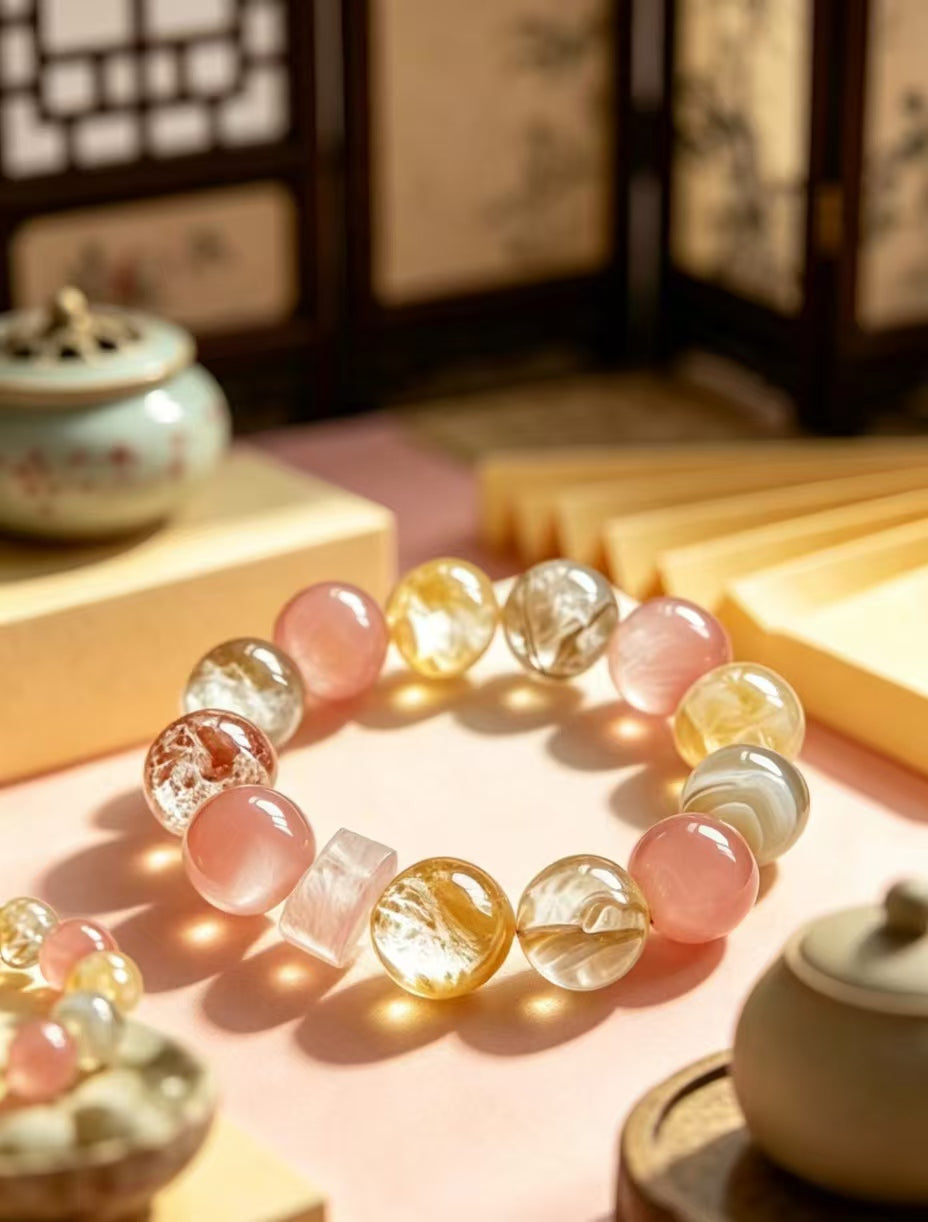 Rose Quartz & Rutilated Phantom Quartz Five Elements Bracelet Moonlit Pink