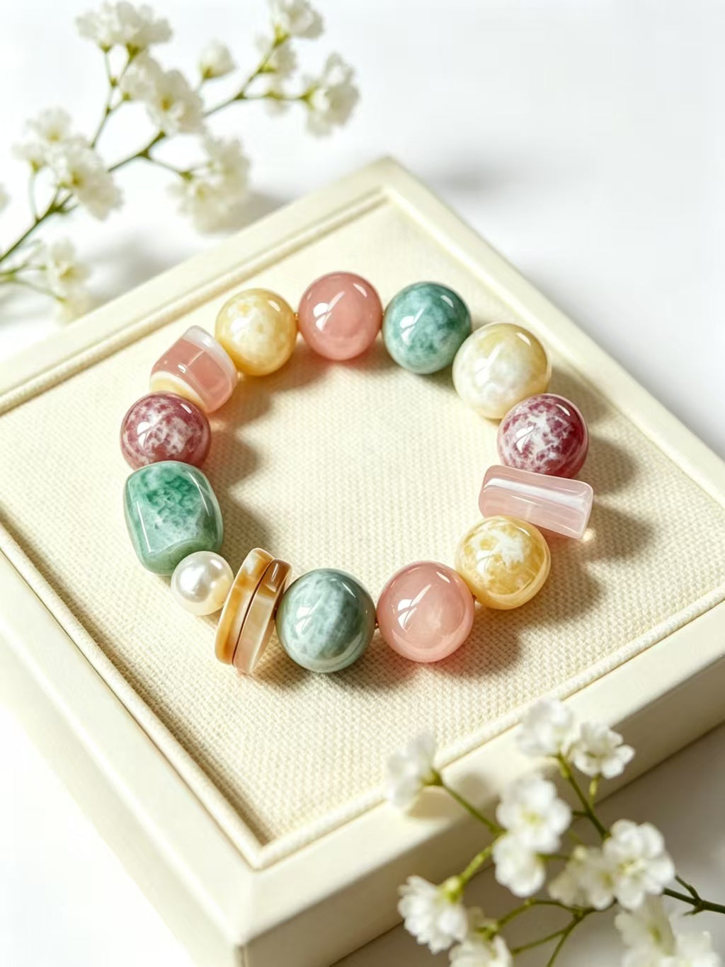Pastel Mixed Natural Crystal Bracelet Rose Quartz Amazonite Lepidolite Pearl Beaded Healing Energy Bracelet For Women Pastel Breeze