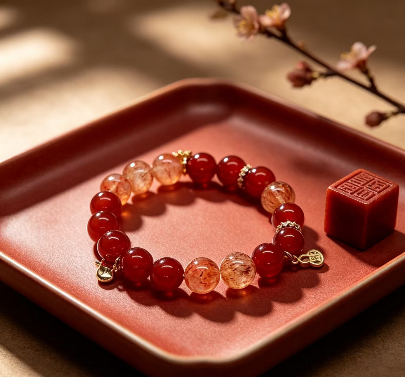 ed Agate & Red Rabbit Hair Quartz Five Elements Bracelet  Scarlet Fortune
