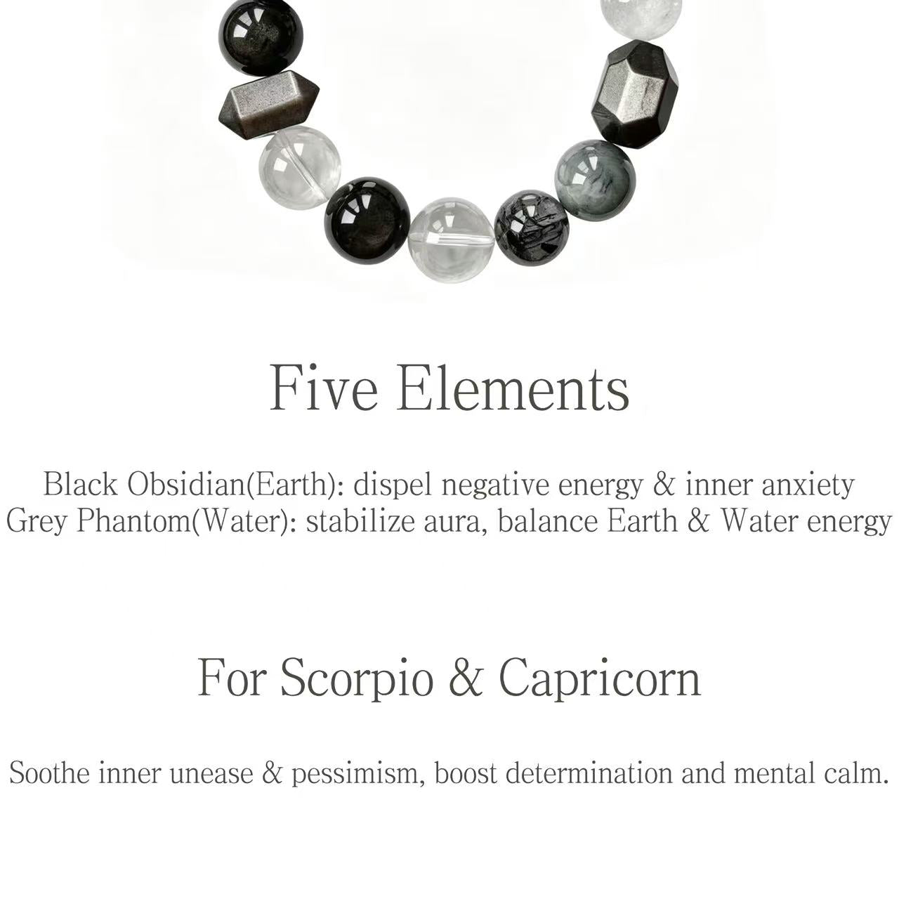 Black Obsidian & Grey Phantom Quartz Five Elements Bracelet Black Frost