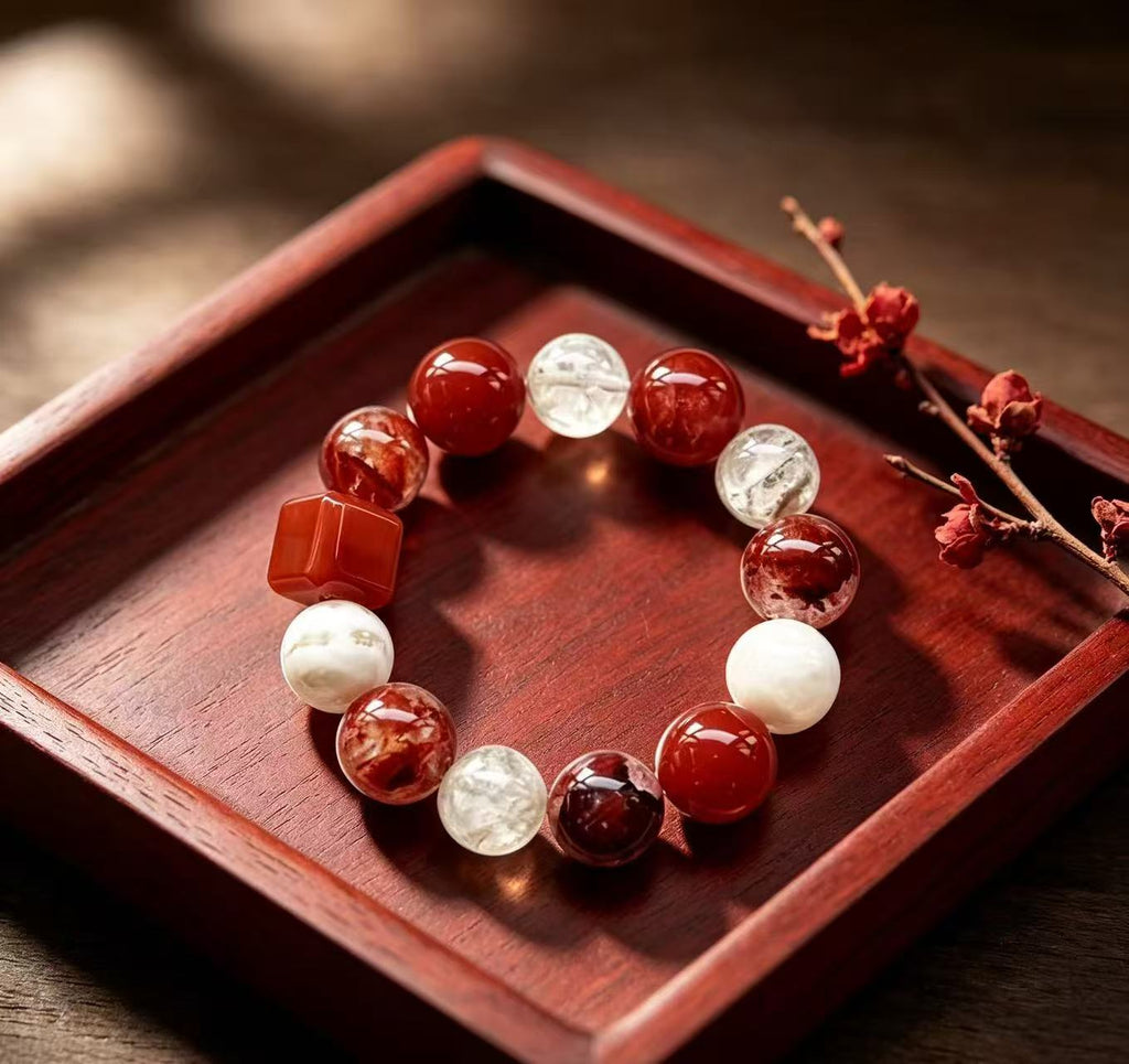 Strawberry Quartz & Rose Quartz Five Elements Bracelet Crimson Frost