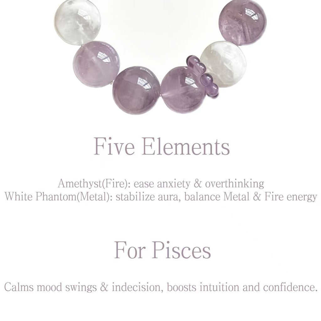 Amethyst & White Phantom Quartz Five Elements Bracelet Purple Mist