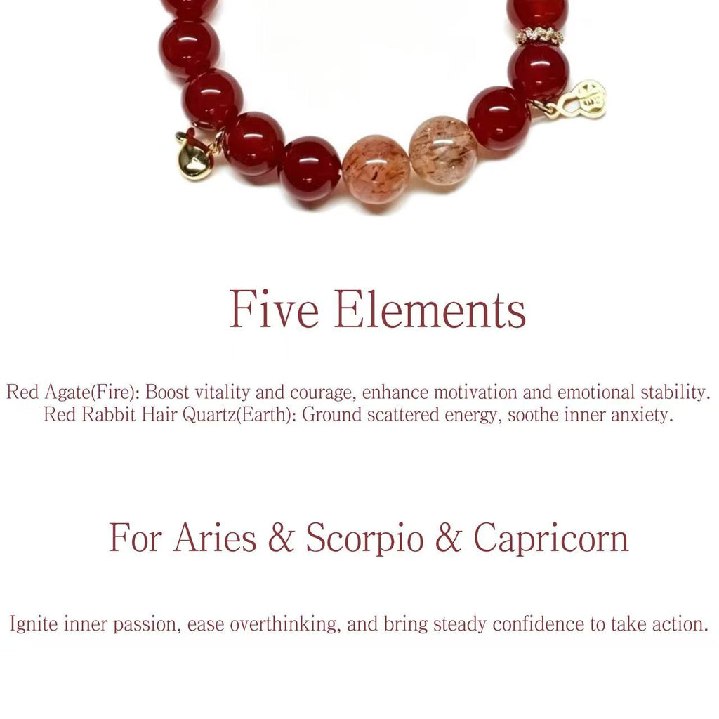 ed Agate & Red Rabbit Hair Quartz Five Elements Bracelet  Scarlet Fortune