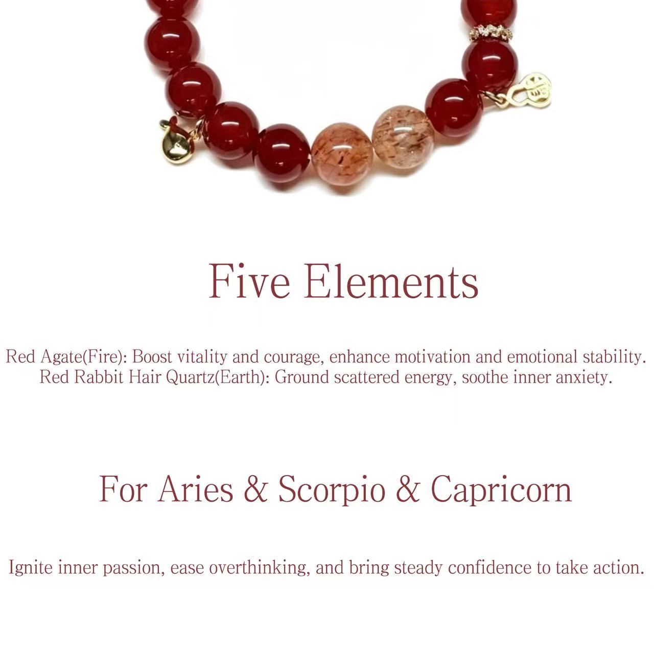 ed Agate & Red Rabbit Hair Quartz Five Elements Bracelet  Scarlet Fortune