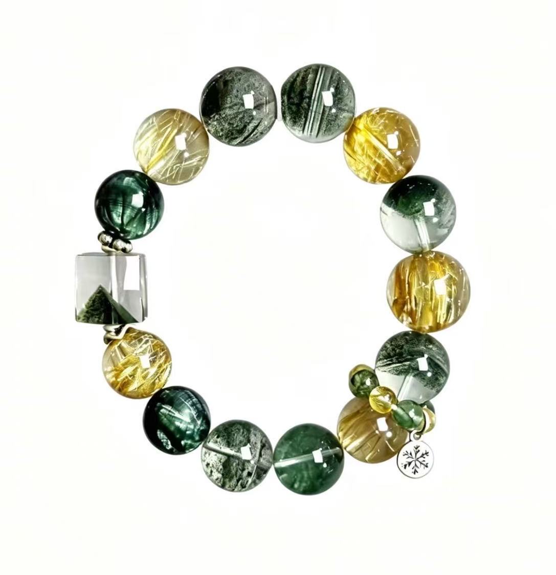 Green Phantom Quartz & Gold Rutilated Quartz Five Elements Bracelet Forest Treasure