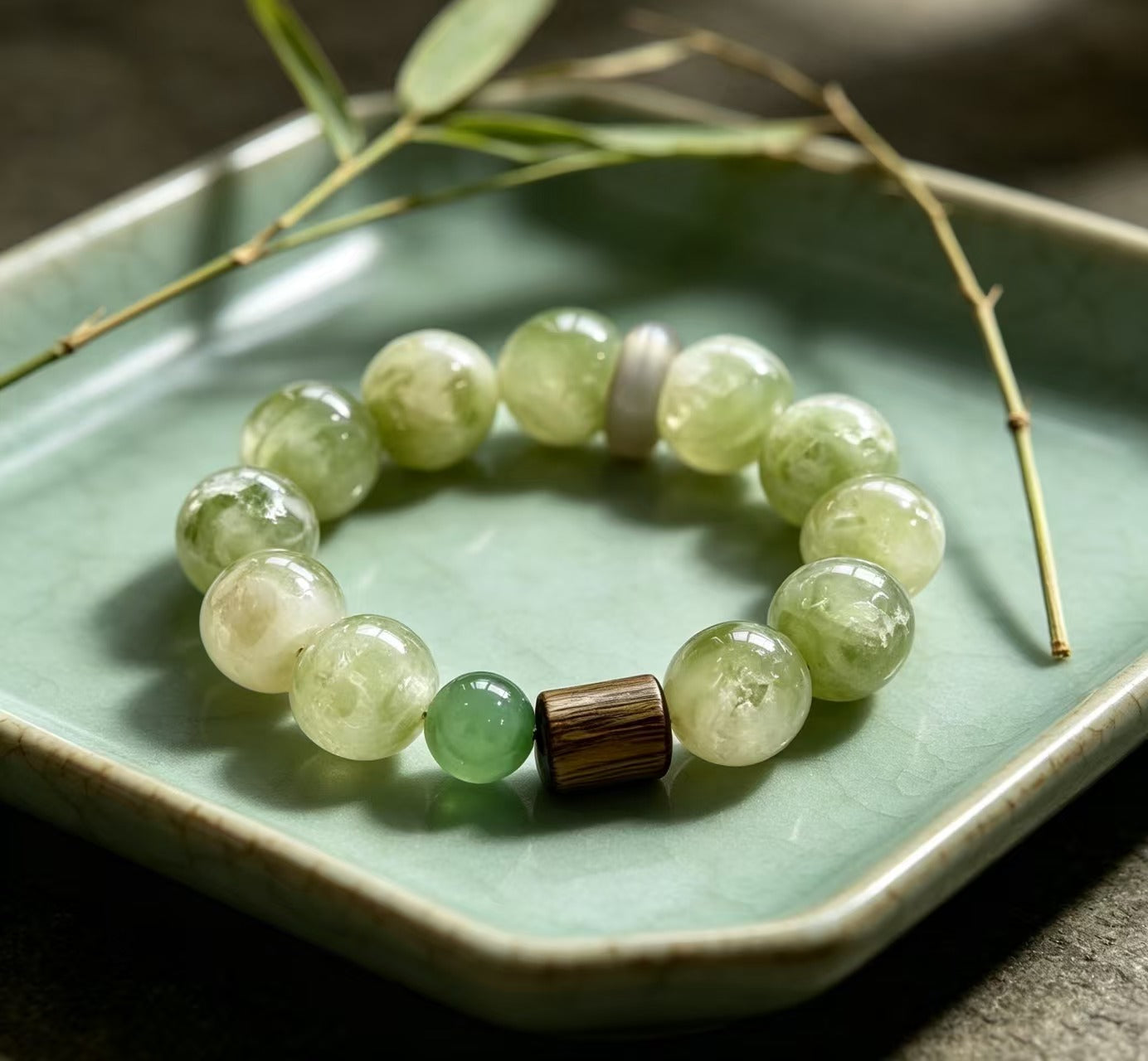 Prehnite & Green Jade Five Elements Bracelet  Wood Dew