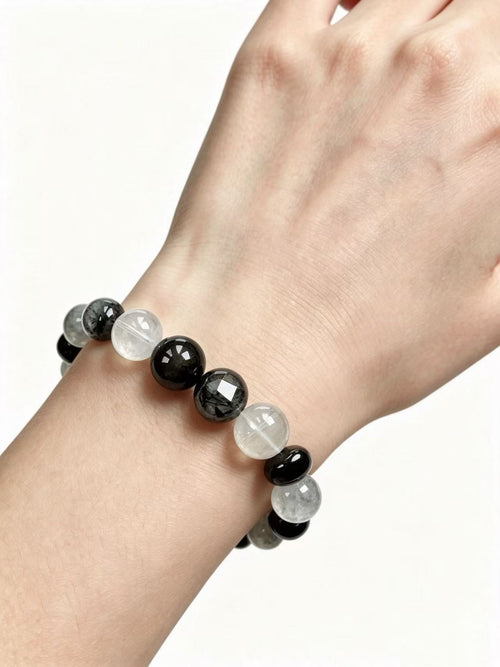 Black Obsidian & Grey Phantom Quartz Five Elements Bracelet Black Frost