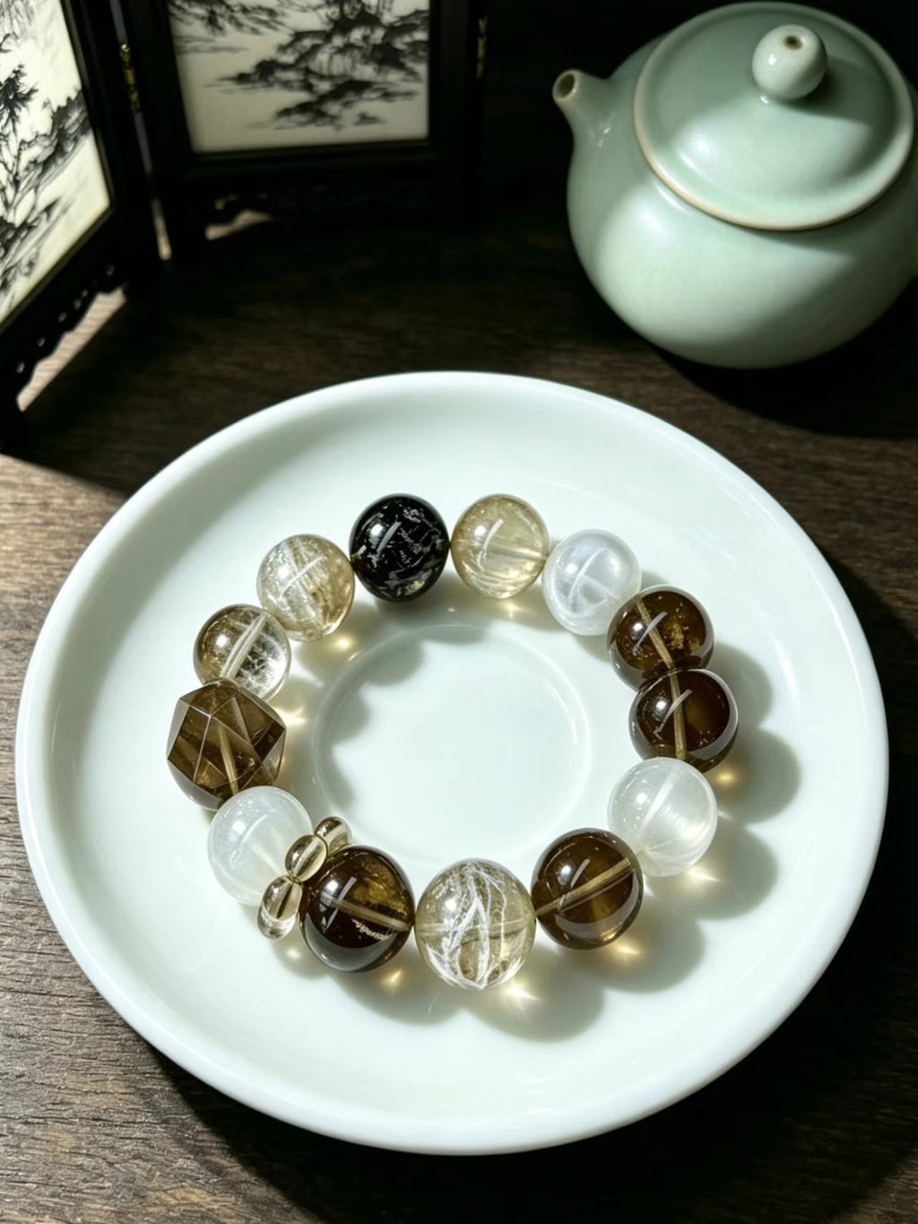 Black Rutilated Quartz & Smoky Quartz Five Elements Bracelet Mocha Mist