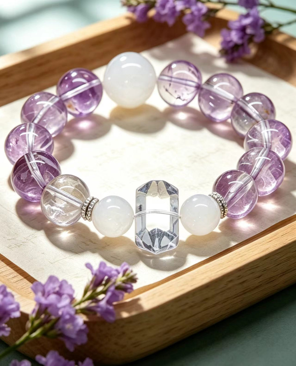 Natural Amethyst Clear Quartz Healing Bracelet White Agate Beaded Unisex Spiritual Energy Crystal Bracelet Lavender Frost