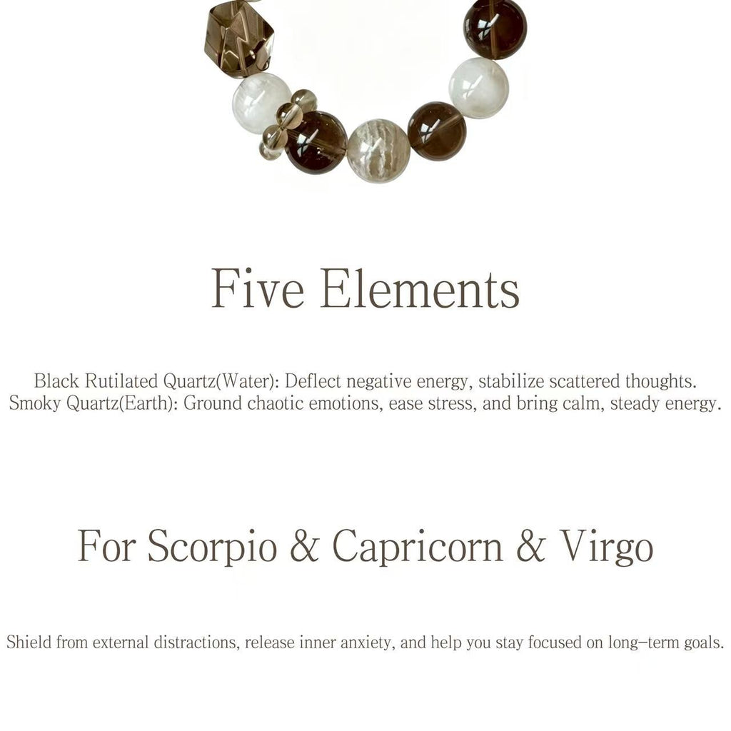 Black Rutilated Quartz & Smoky Quartz Five Elements Bracelet Mocha Mist