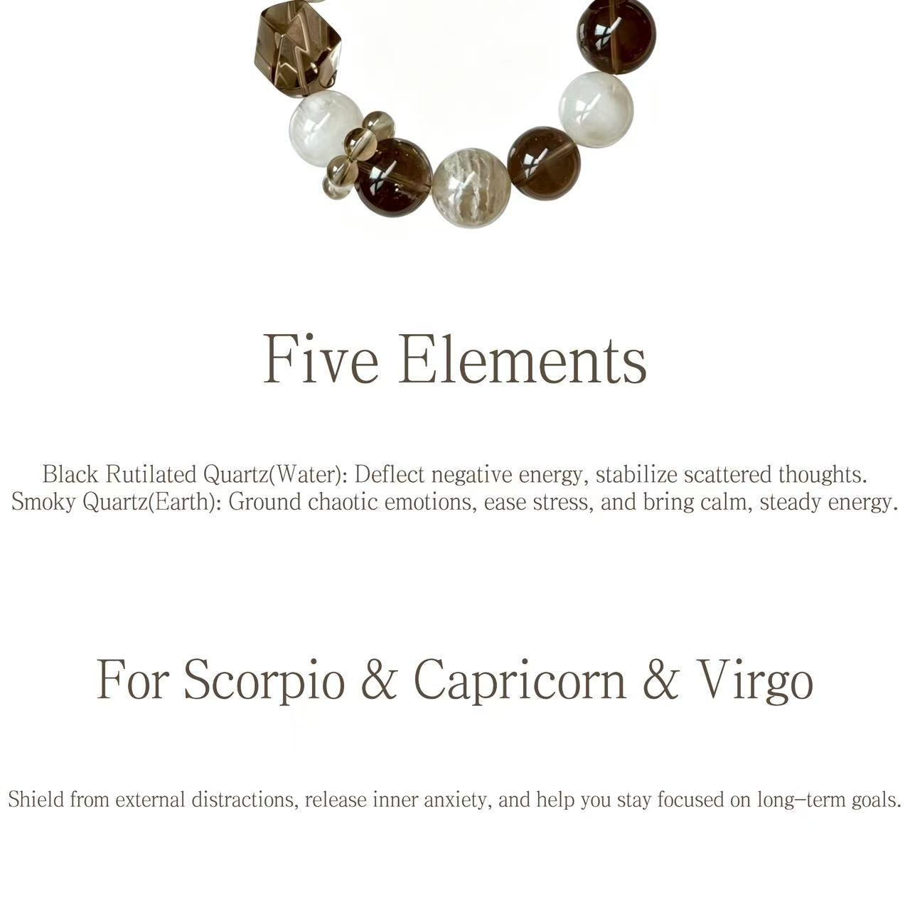 Black Rutilated Quartz & Smoky Quartz Five Elements Bracelet Mocha Mist