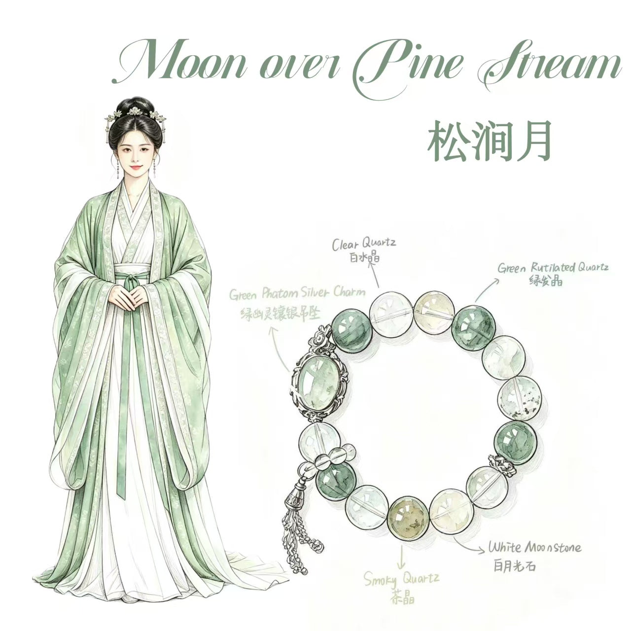 Green Phantom & Green Rutilated Quartz Five Elements Bracelet Silver Moss