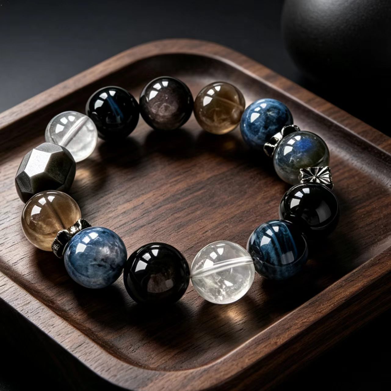 Obsidian & Smoky Quartz Five Elements Bracelet  Obsidian Night