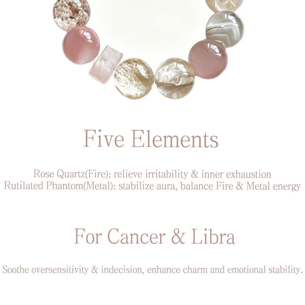 Rose Quartz & Rutilated Phantom Quartz Five Elements Bracelet Moonlit Pink