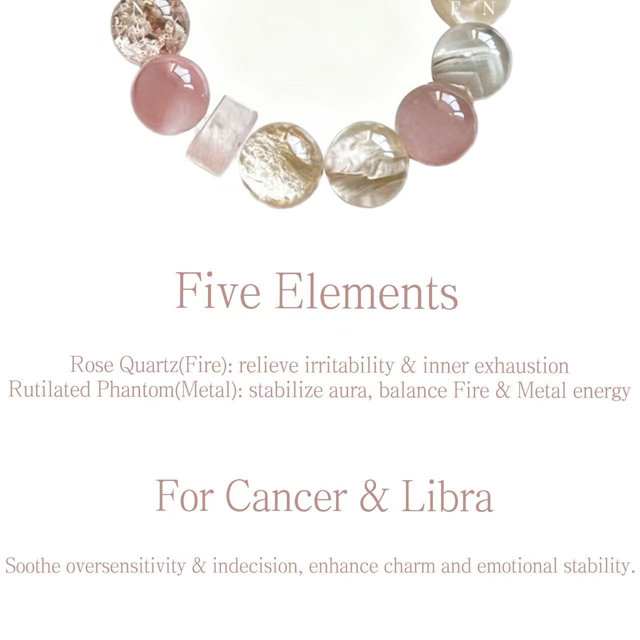 Rose Quartz & Rutilated Phantom Quartz Five Elements Bracelet Moonlit Pink