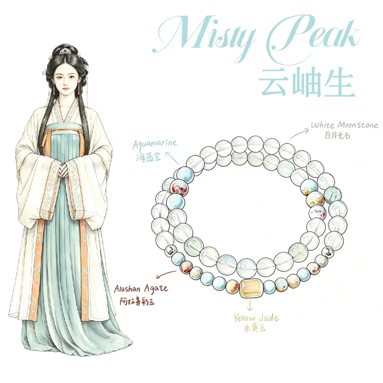 Delicate Chinese Style Crystal Beaded Bracelet Natural White Moonstone Aquamarine Shoushan Stone Healing BraceletMinimalist Layered Gemstone Bracelet for Women