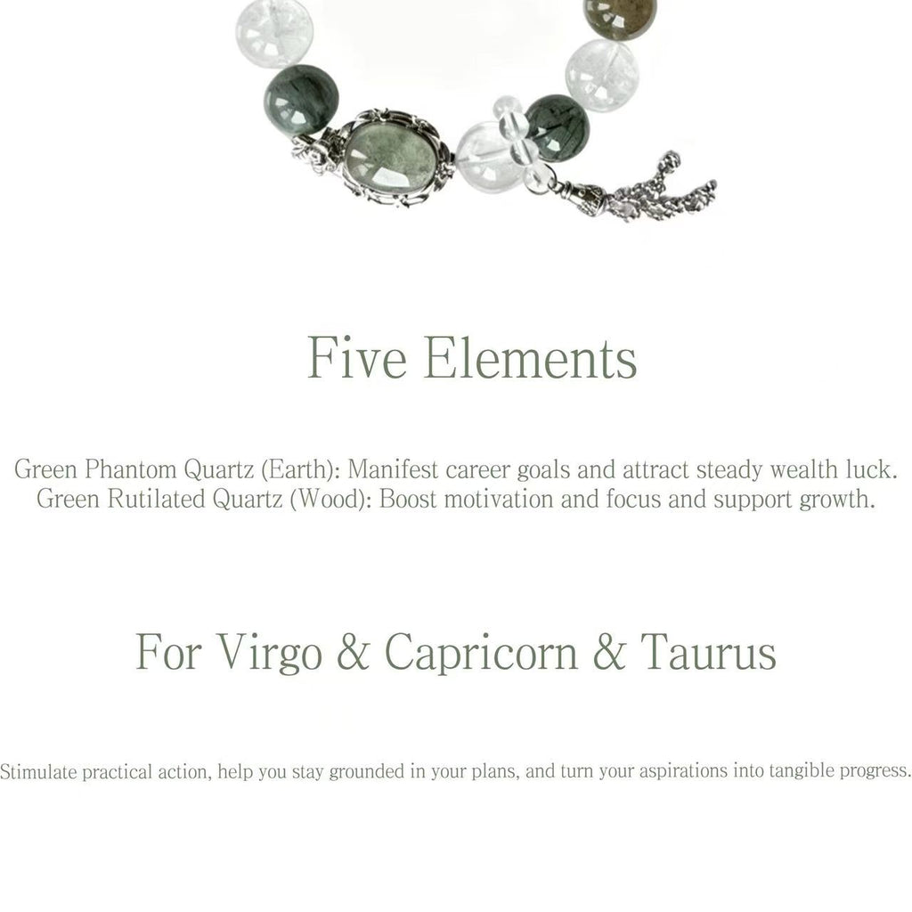 Green Phantom & Green Rutilated Quartz Five Elements Bracelet Silver Moss