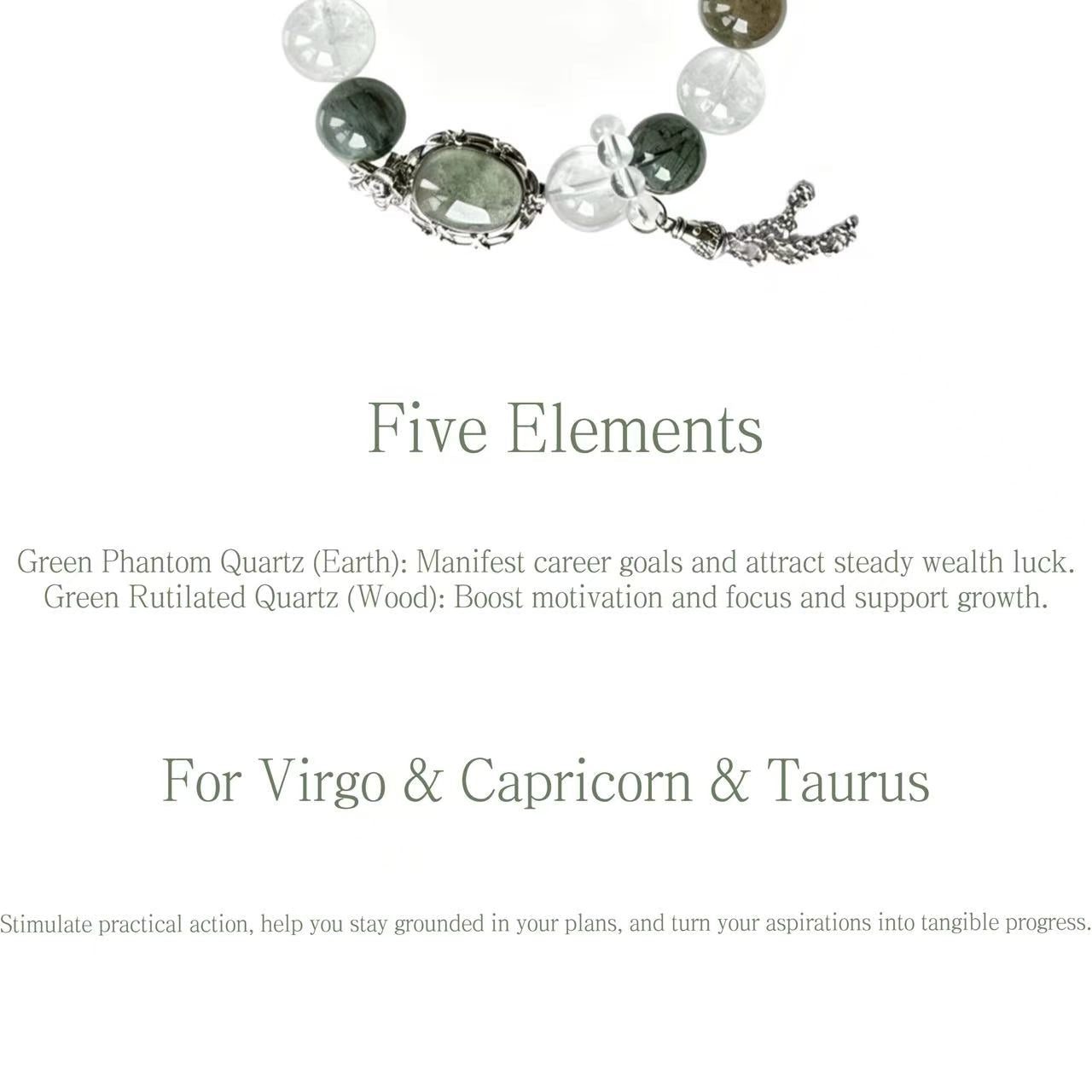 Green Phantom & Green Rutilated Quartz Five Elements Bracelet Silver Moss