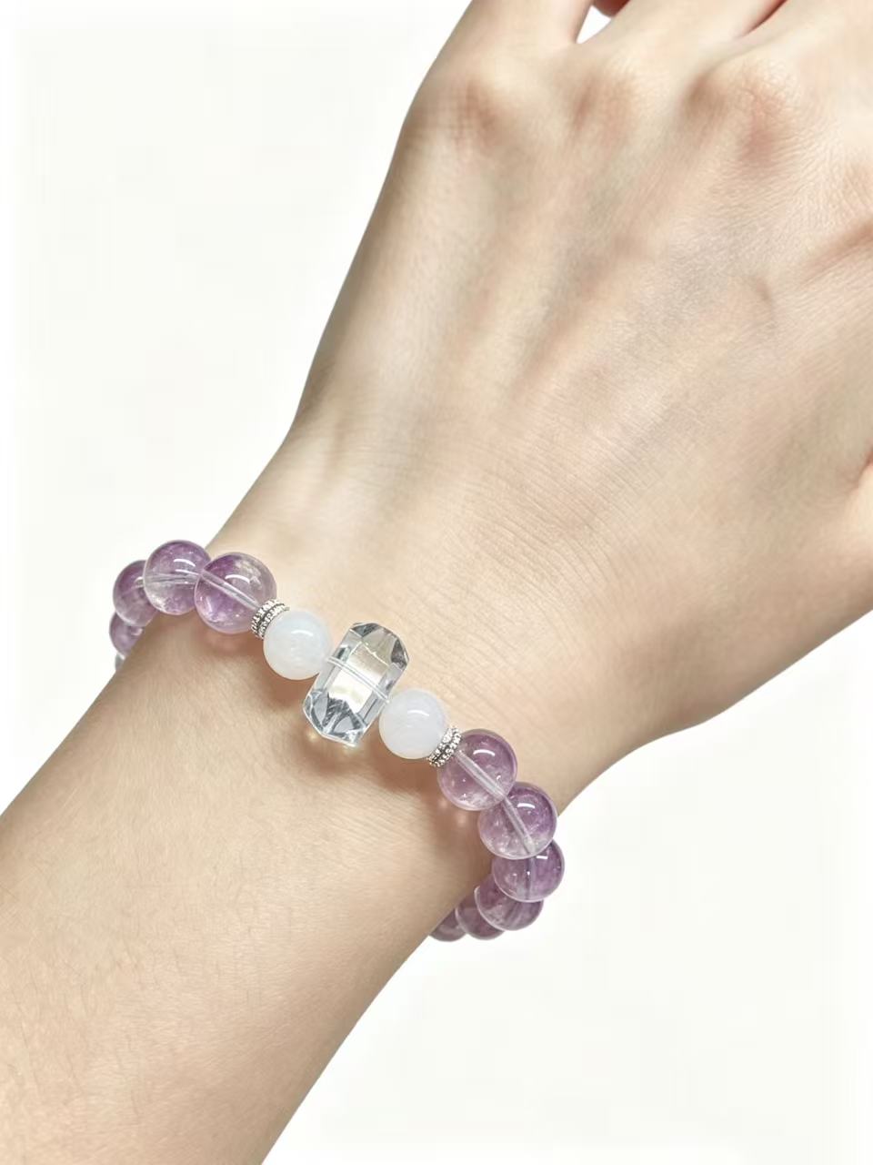 Natural Amethyst Clear Quartz Healing Bracelet White Agate Beaded Unisex Spiritual Energy Crystal Bracelet Lavender Frost