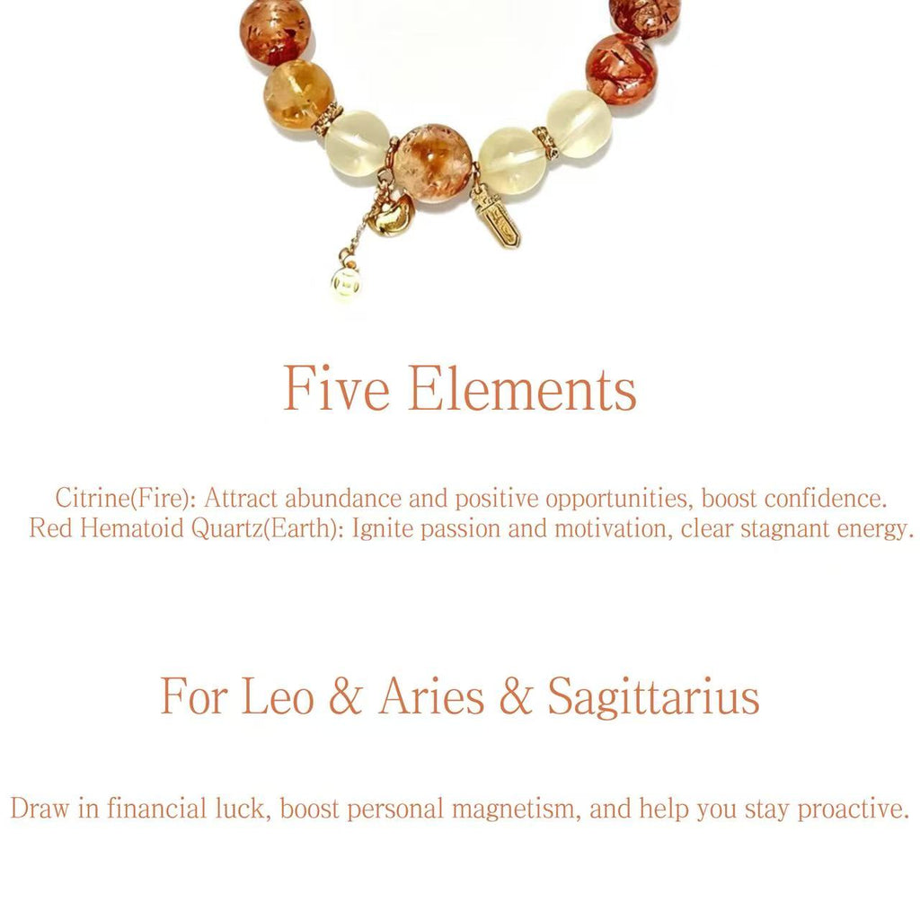 Citrine & Red Hematoid Quartz Five Elements Bracelet  Golden Fortune