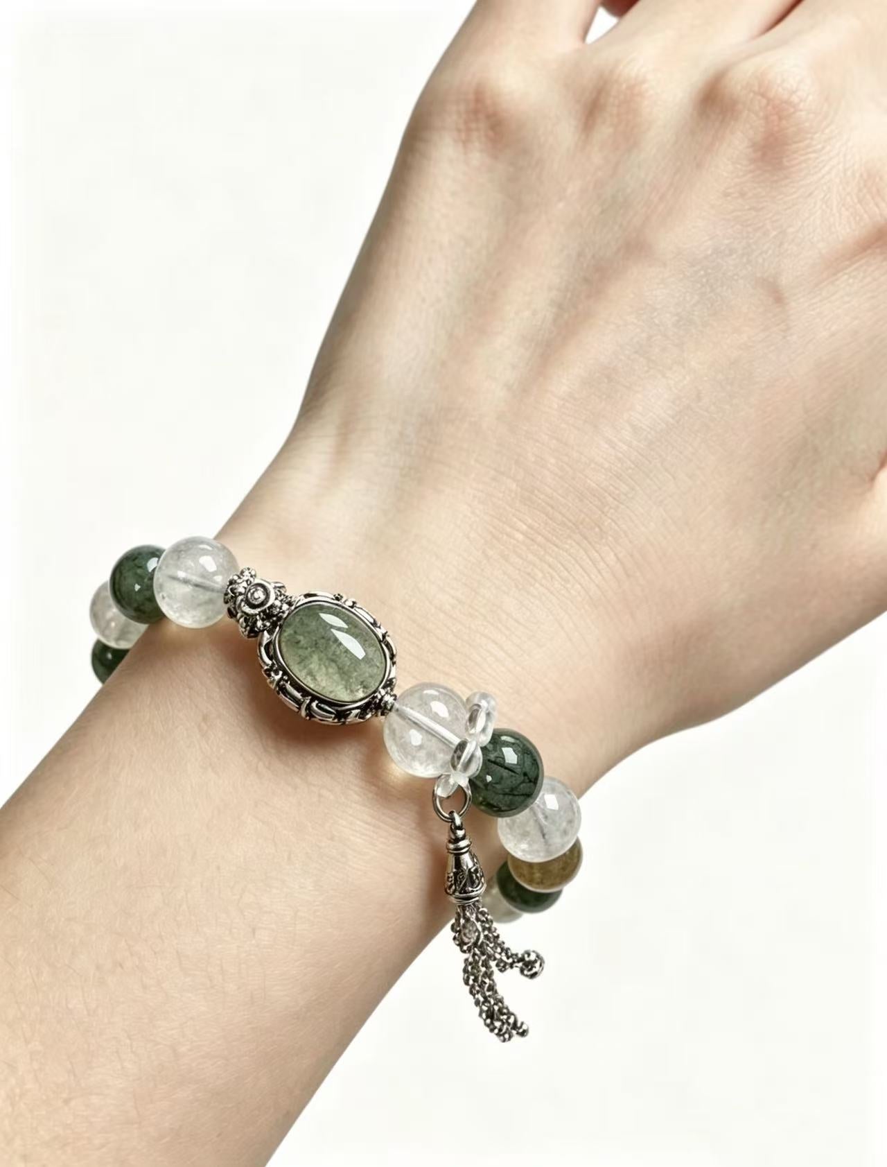 Green Phantom & Green Rutilated Quartz Five Elements Bracelet Silver Moss