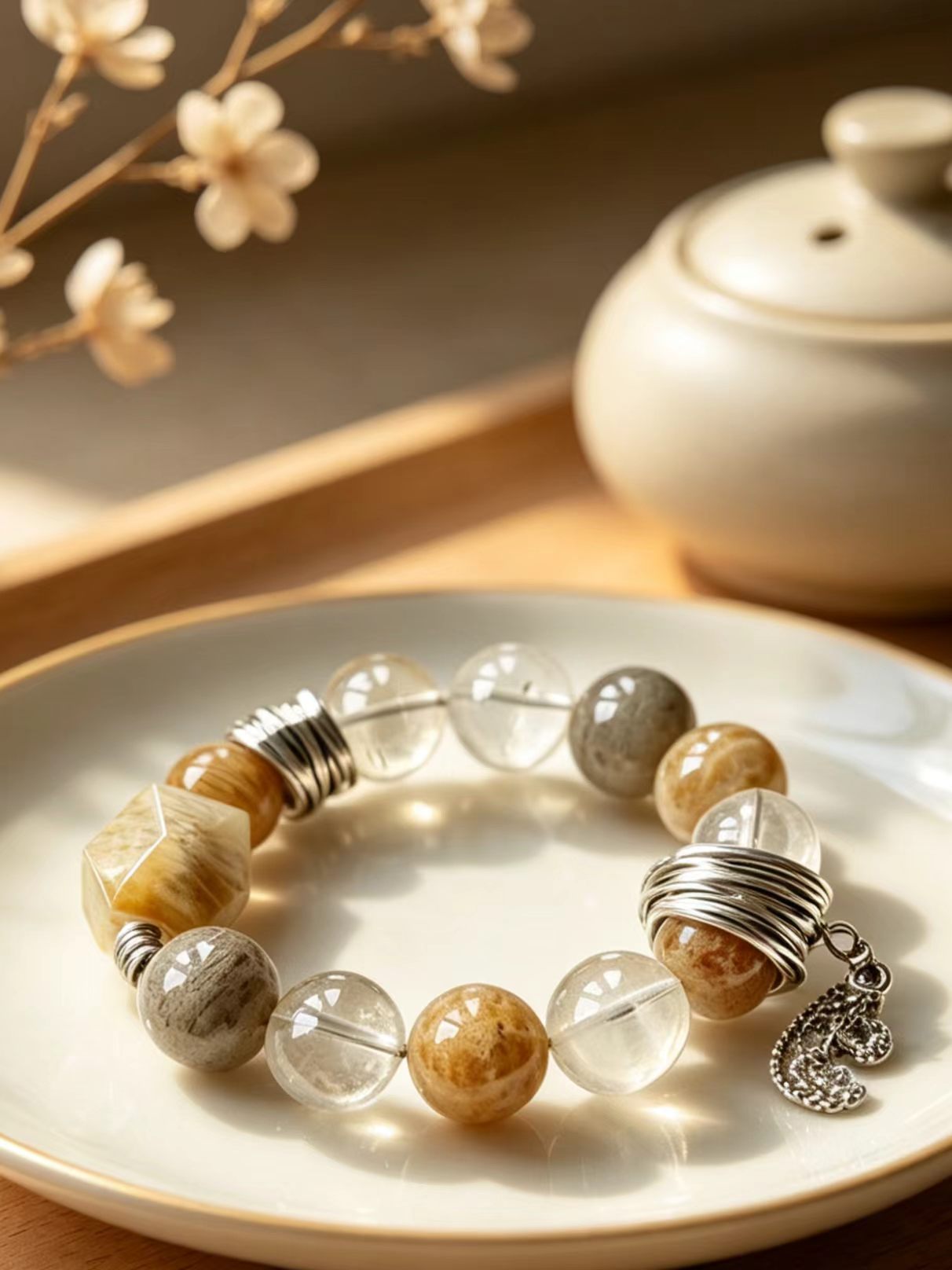 Yellow Hematoid & Grey Phantom Quartz Five Elements Bracelet Stone Whisper
