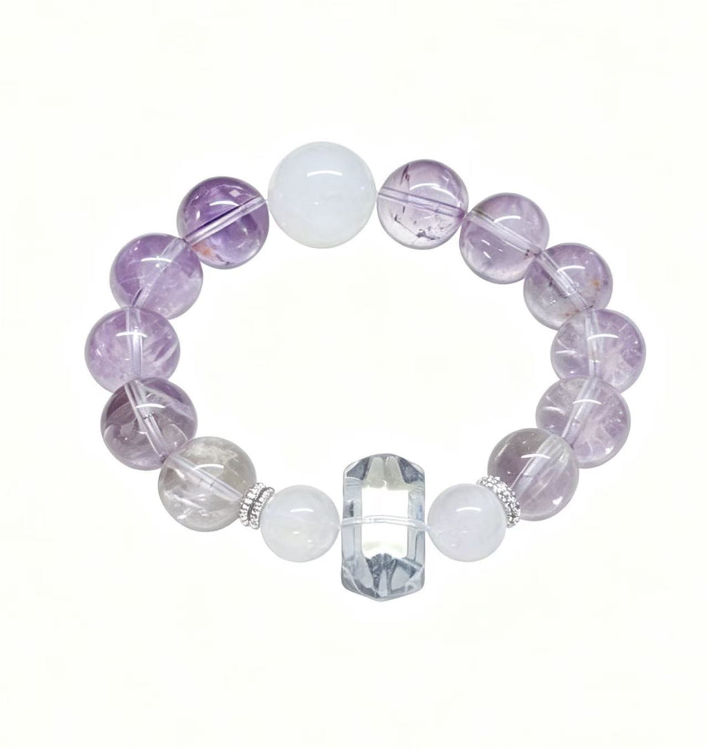 Natural Amethyst Clear Quartz Healing Bracelet White Agate Beaded Unisex Spiritual Energy Crystal Bracelet Lavender Frost