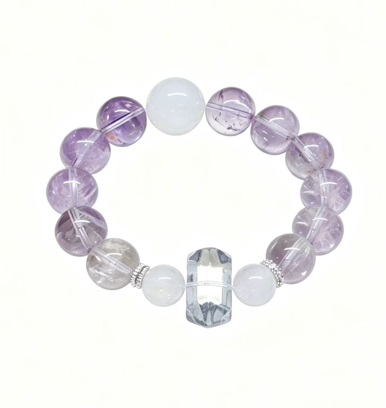 Natural Amethyst Clear Quartz Healing Bracelet White Agate Beaded Unisex Spiritual Energy Crystal Bracelet Lavender Frost