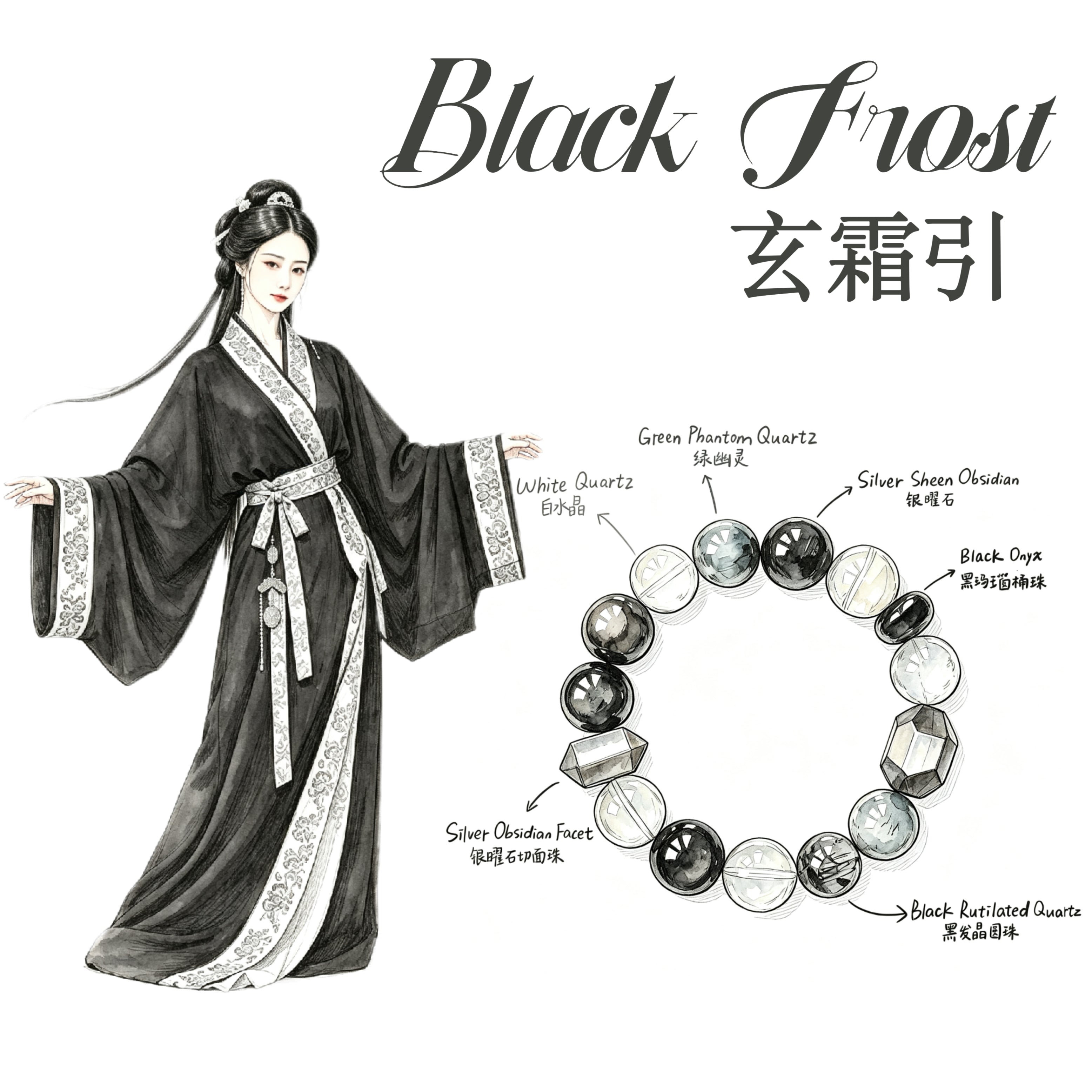 Black Obsidian & Grey Phantom Quartz Five Elements Bracelet Black Frost