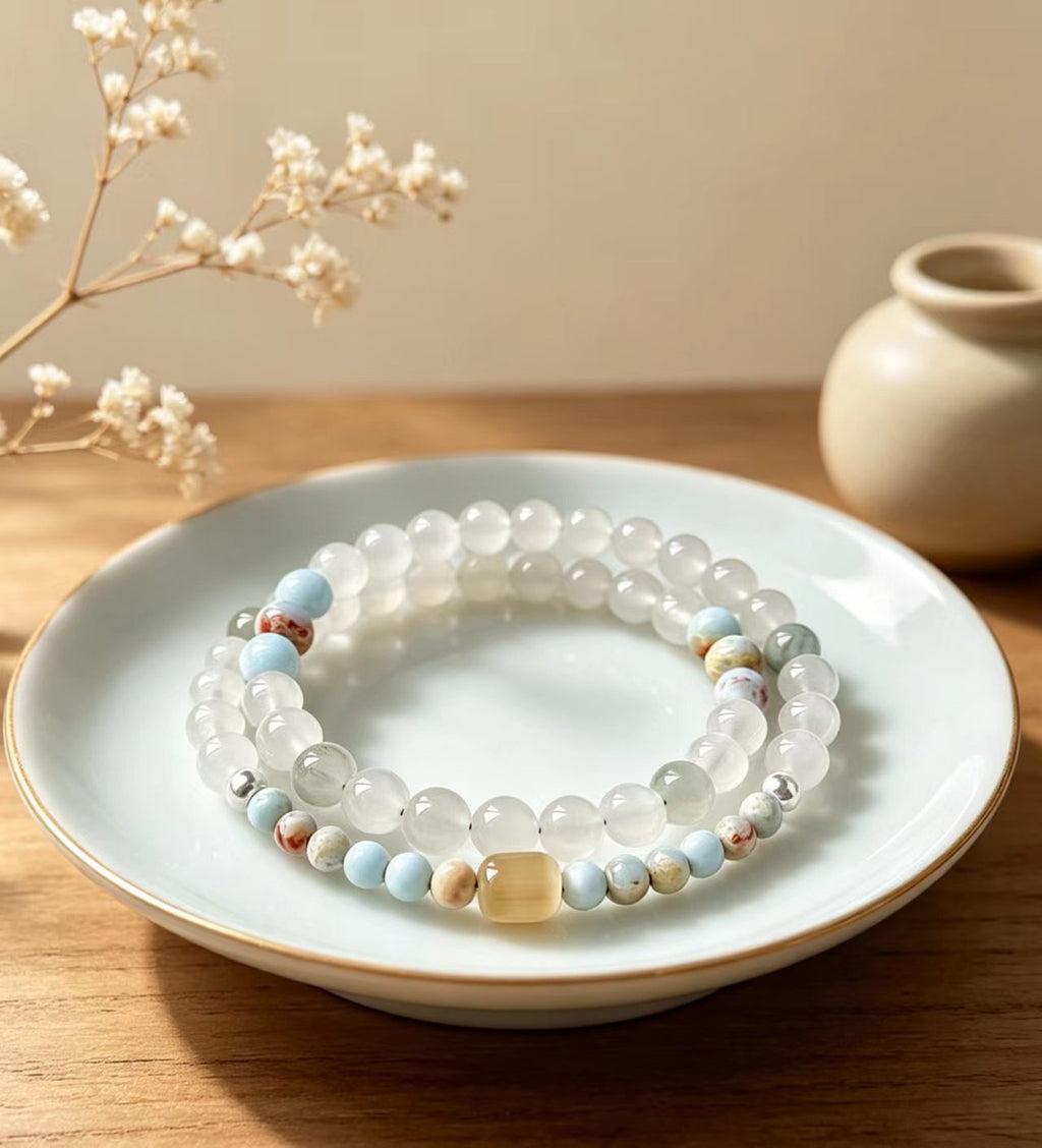 Delicate Chinese Style Crystal Beaded Bracelet Natural White Moonstone Aquamarine Shoushan Stone Healing BraceletMinimalist Layered Gemstone Bracelet for Women